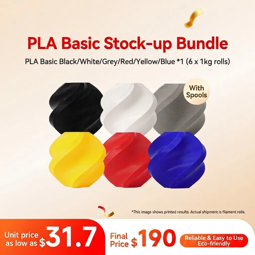 [PLABMB001] Bambu Lab PLA Basic 6KG 6-Color Stock-up Bundle (Black/White/Grey/Red/Yellow/Blue, 1KG each) - with Reusable Spools