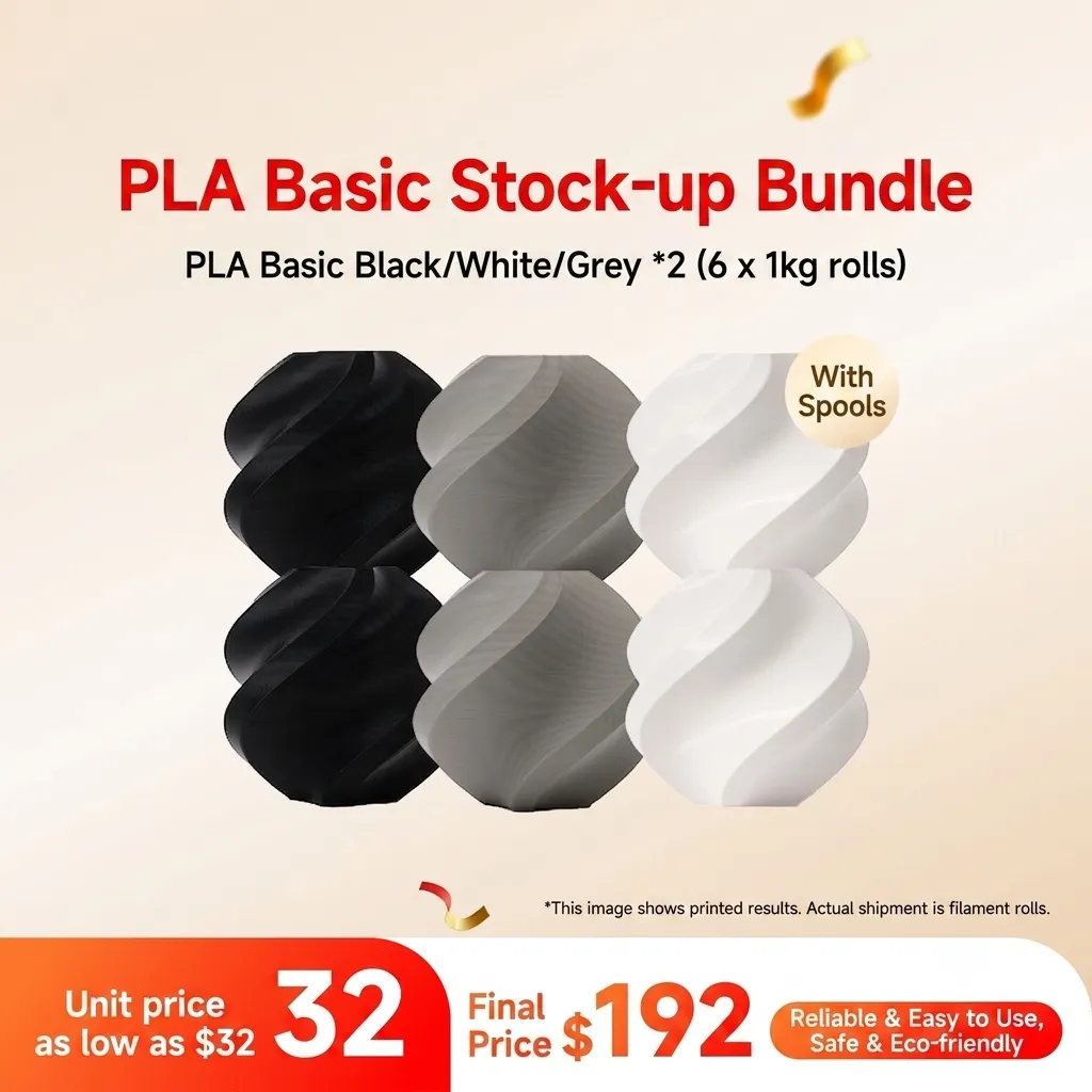 Bambu Lab PLA Basic 6KG 3-Color Stock-up Bundle (Black/White/Grey, 2KG each) - with Reusable Spools