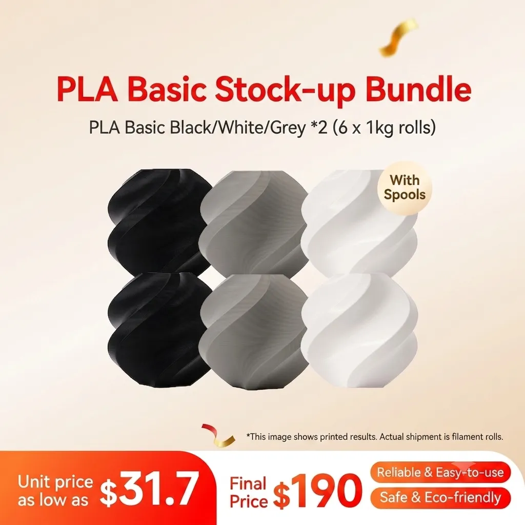 [PLABMB002] Bambu Lab PLA Basic 6KG 3-Color Stock-up Bundle (Black/White/Grey, 2KG each) - with Reusable Spools
