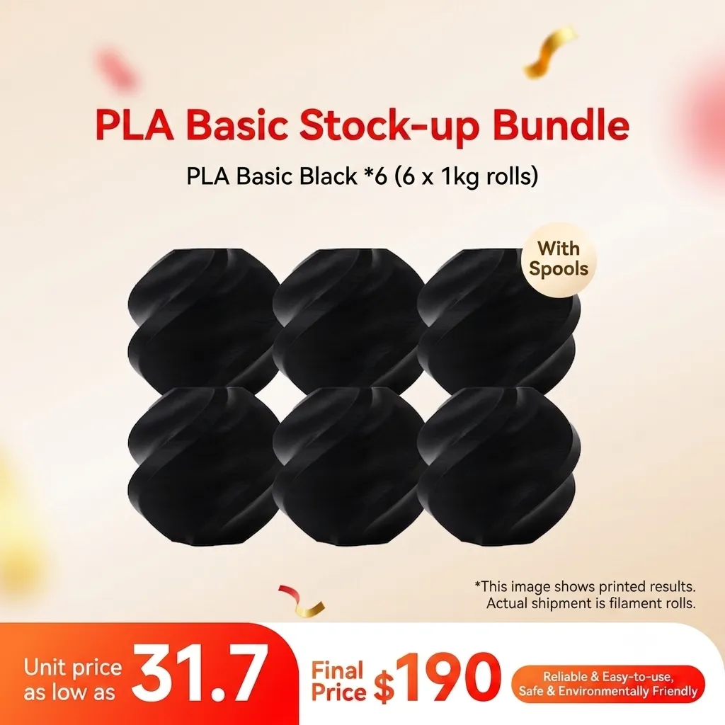 [PLABMB003] Bambu Lab PLA Basic Black 6KG Stock-up Bundle (6x 1KG) - with Reusable Spools