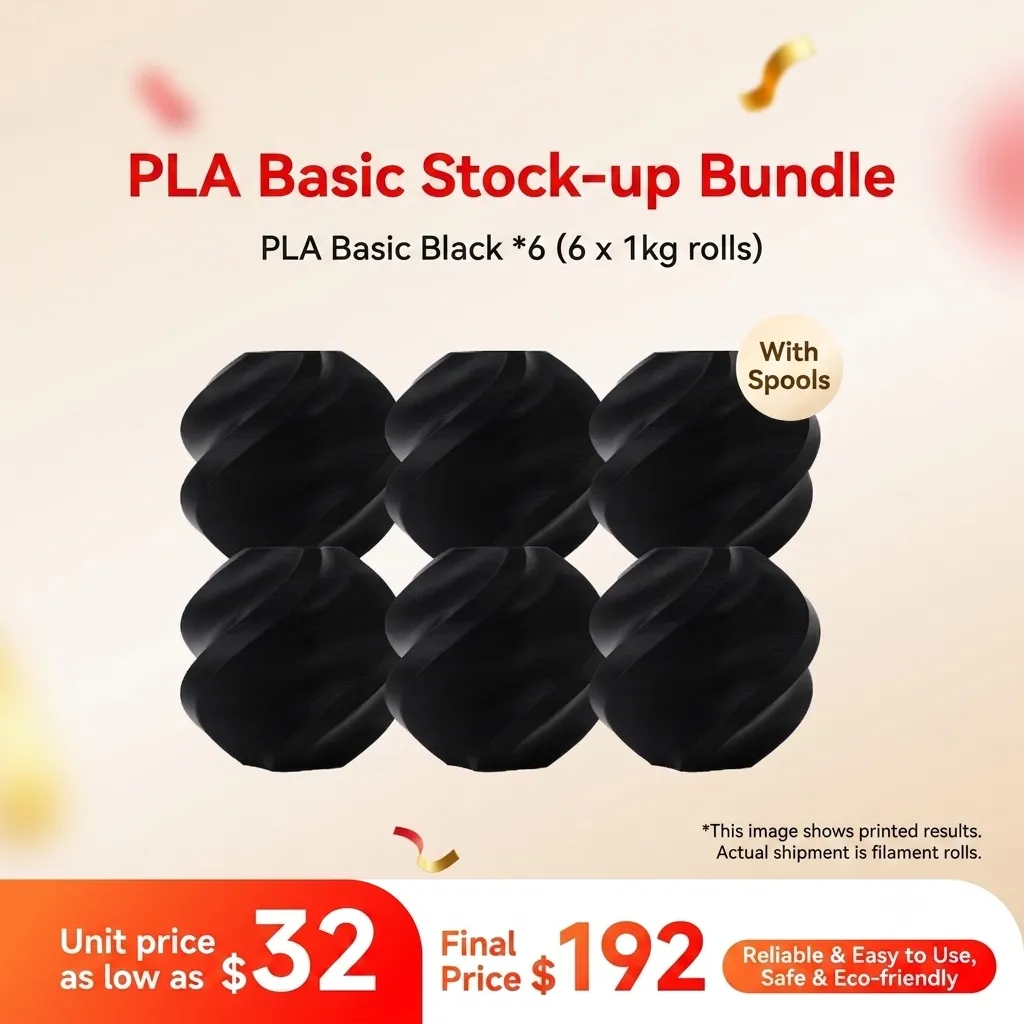 Bambu Lab PLA Basic Black 6KG Stock-up Bundle (6x 1KG) - with Reusable Spools