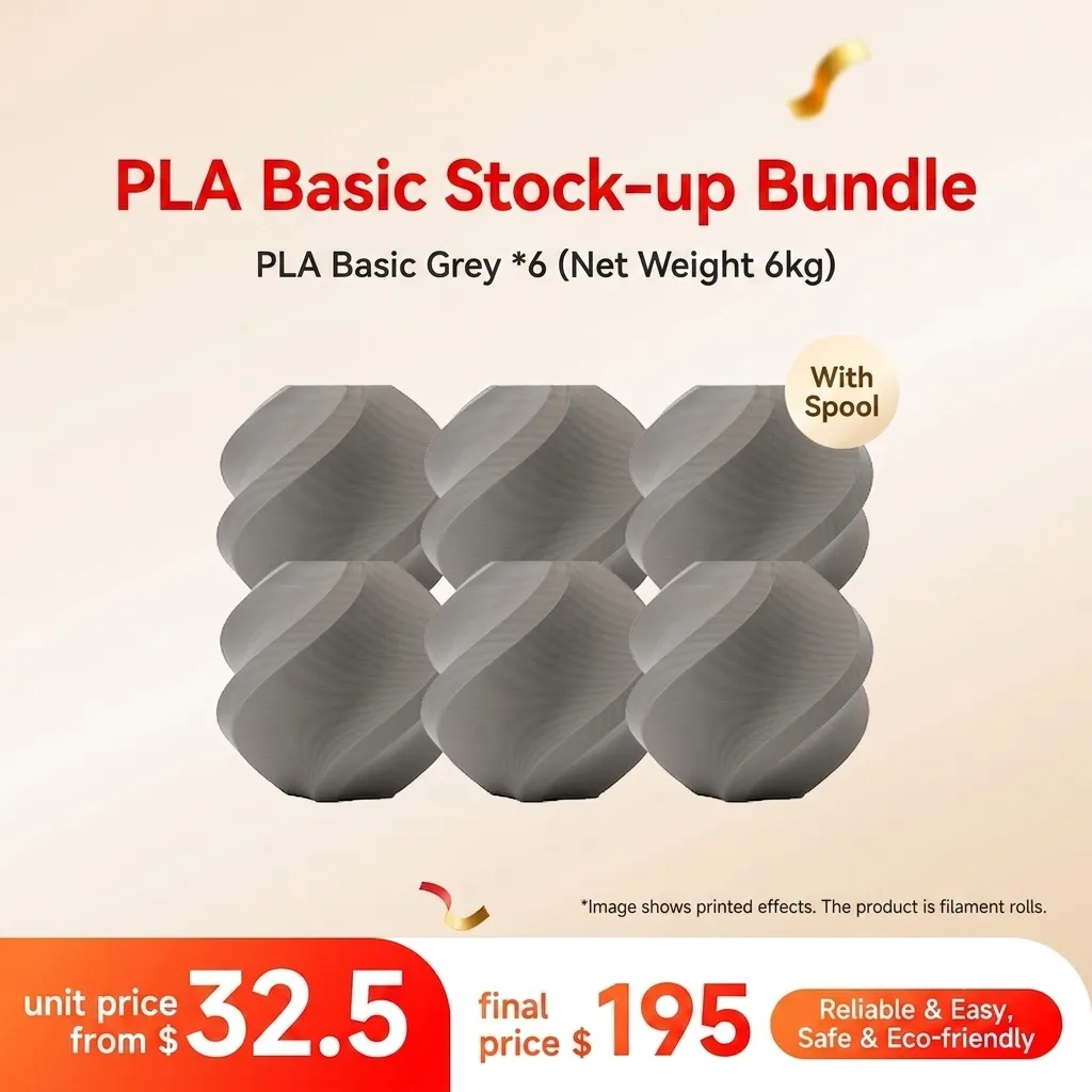 Bambu Lab PLA Basic Grey 6KG Stock-up Bundle (6x 1KG) - with Reusable Spools