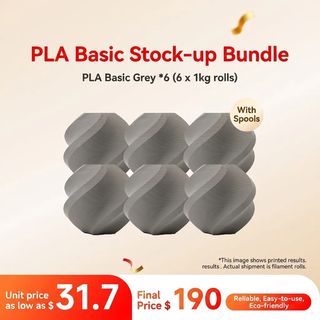 [PLABMB005] Bambu Lab PLA Basic Grey 6KG Stock-up Bundle (6x 1KG) - with Reusable Spools