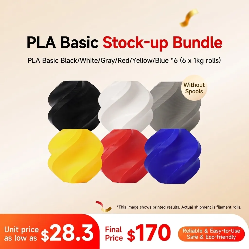 [PLABMB011] Bambu Lab PLA Basic 6KG 6-Color Stock-up Bundle (Black/White/Grey/Red/Yellow/Blue, 1KG each) - without Spools