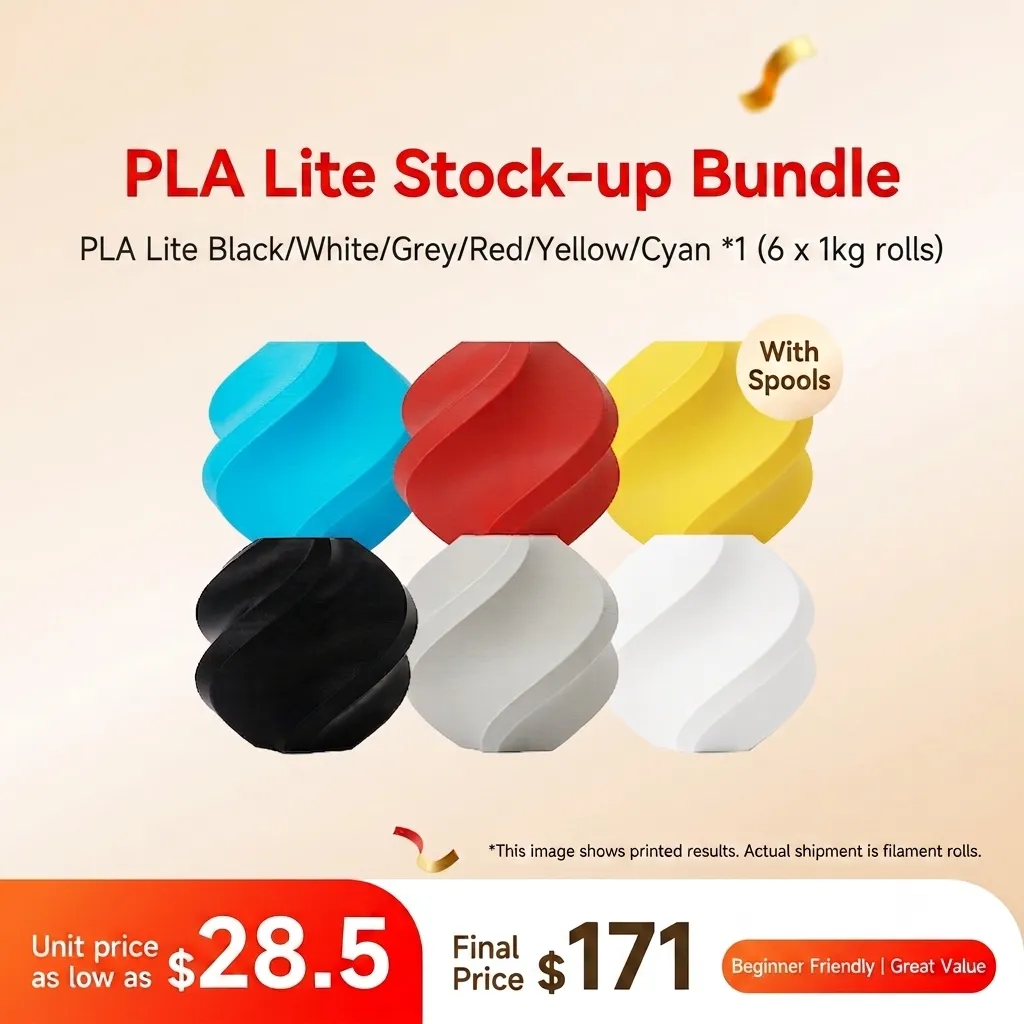 Bambu Lab PLA Lite 6KG 6-Color Stock-up Bundle (Black/White/Grey/Red/Yellow/Cyan) - with Reusable Spools