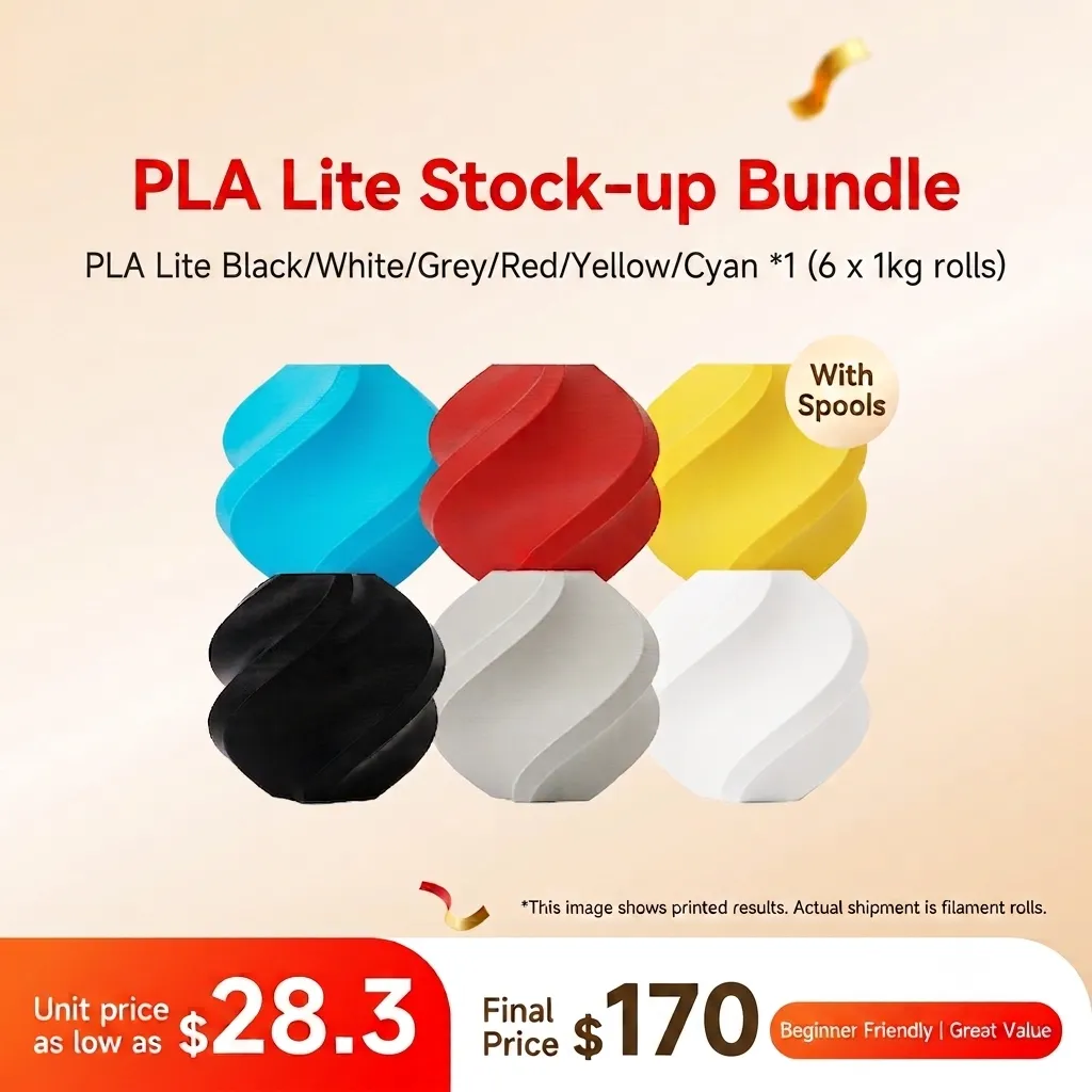 Bambu Lab PLA Lite 6KG 6-Color Stock-up Bundle (Black/White/Grey/Red/Yellow/Cyan) - with Reusable Spools