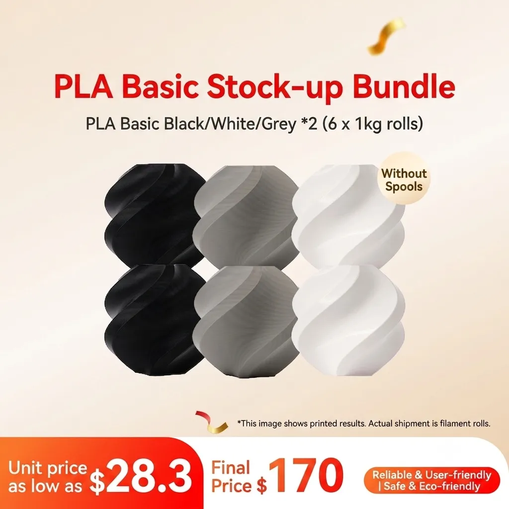 [PLABMB012] Bambu Lab PLA Basic 6KG 3-Color Stock-up Bundle (Black/White/Grey, 2KG each) - without Spools