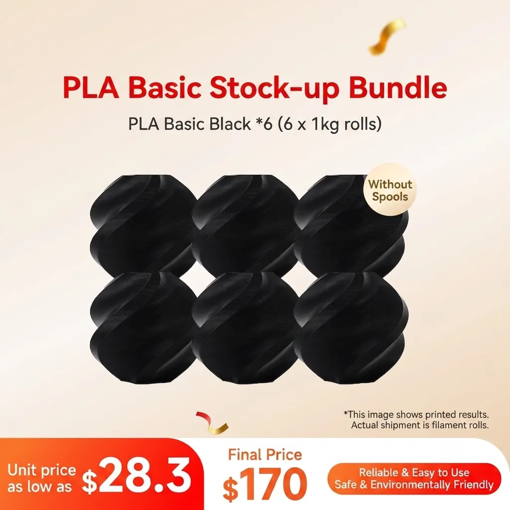 [PLABMB013] Bambu Lab PLA Basic Black 6KG Stock-up Bundle (6x 1KG) - without Spools
