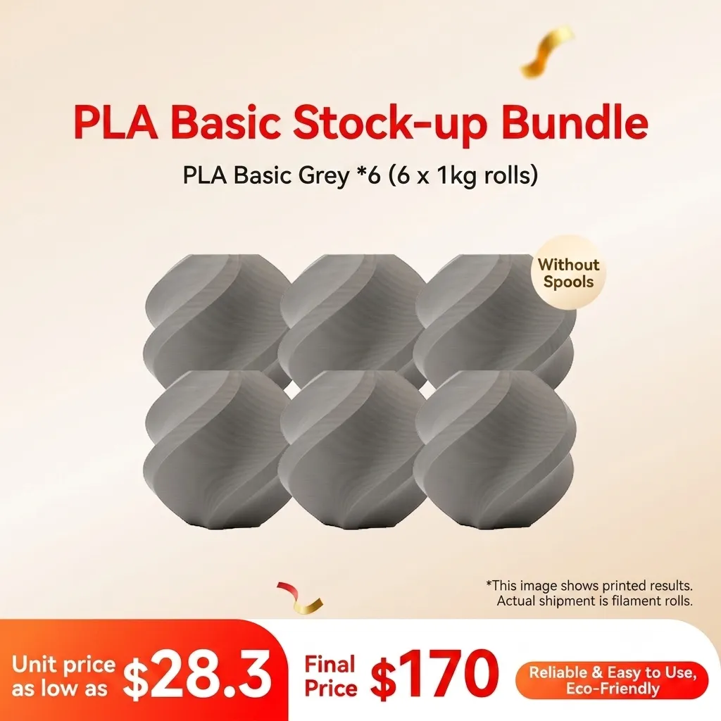 [PLABMB015] Bambu Lab PLA Basic Grey 6KG Stock-up Bundle (6x 1KG) - without Spools