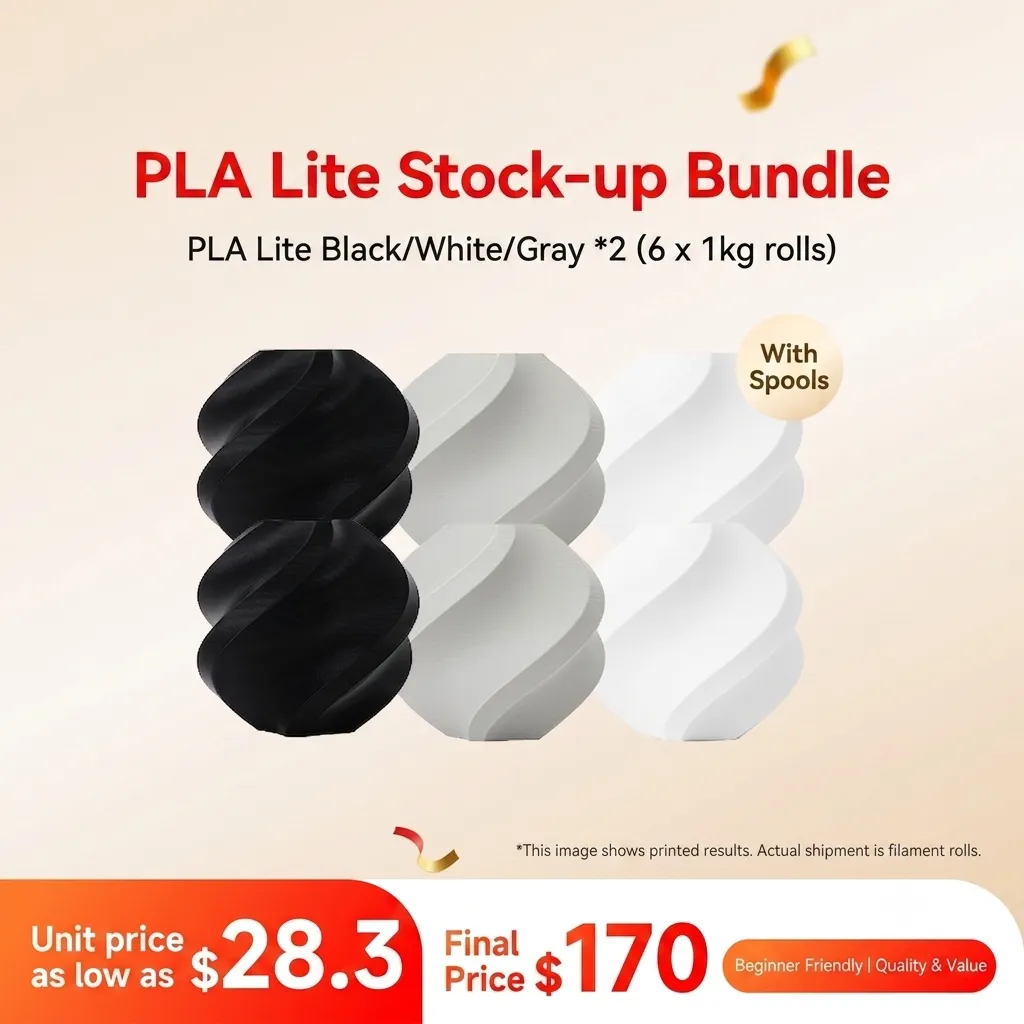 Bambu Lab PLA Lite 6KG 3-Color Stock-up Bundle (Black/White/Grey, 2KG each) - with Reusable Spools