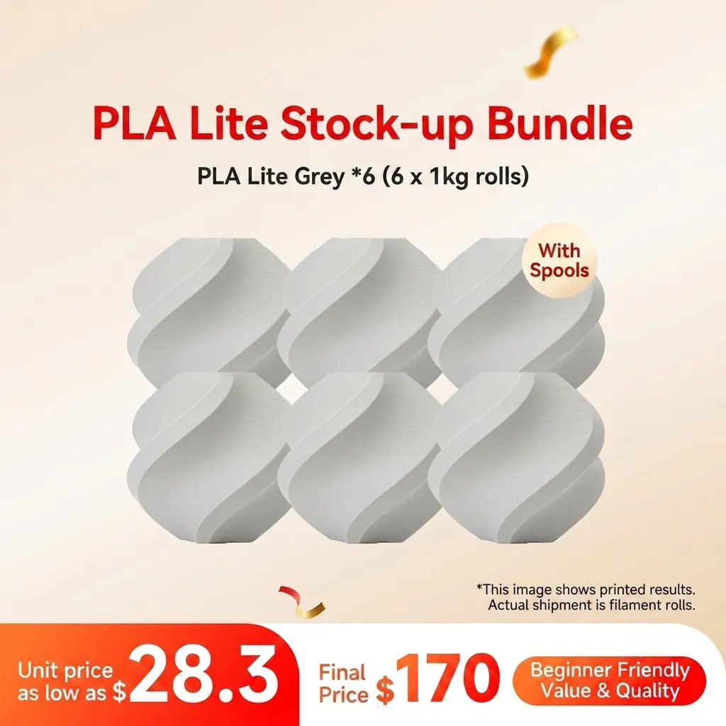Bambu Lab PLA Lite Grey 6KG Stock-up Bundle (6x 1KG) - with Reusable Spools